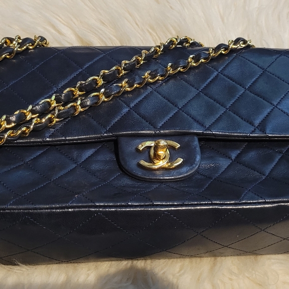 Chanel Quilted Lambskin Dark Blue Classic Double Flap Medium Bag Gold Hardware - Picture 3 of 16